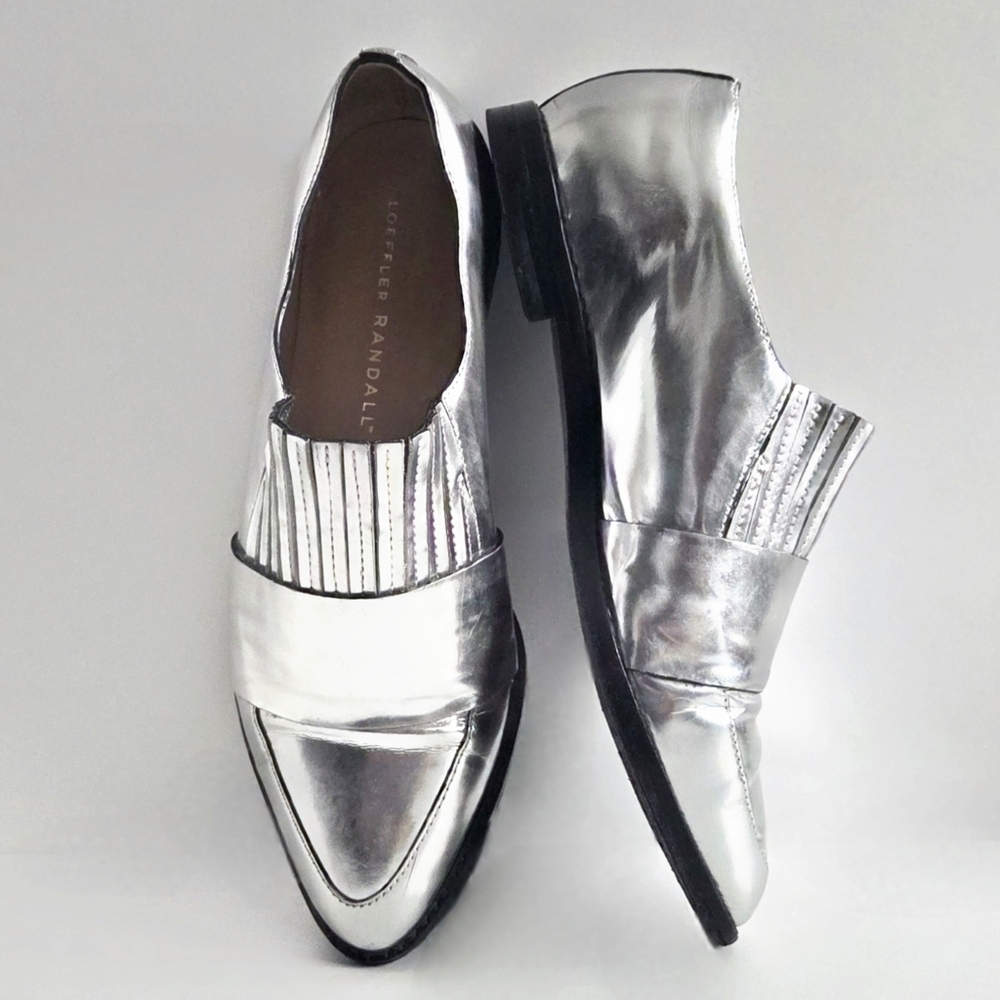 Loeffler Randall Rosa Flat Loafers Mirror Metallic Silver Leather, Size 6